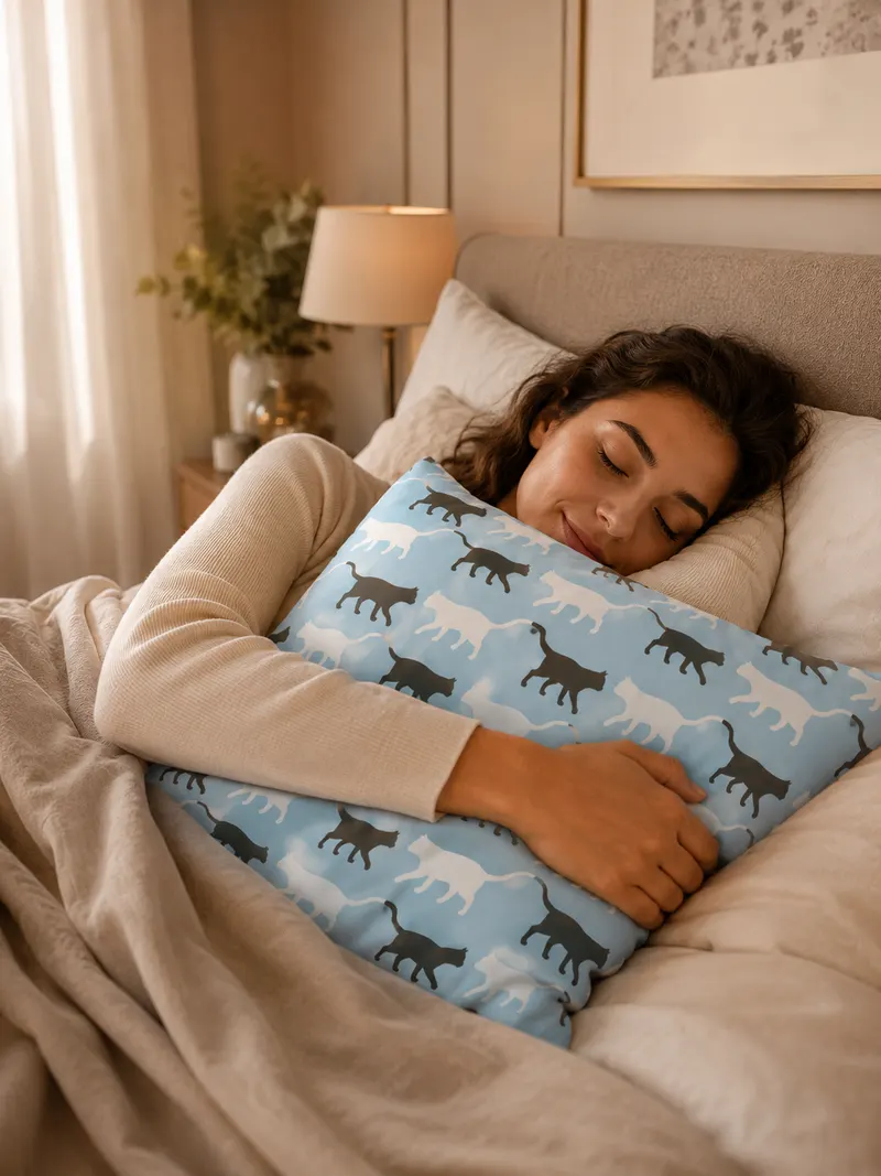A woman asleep in bed, hugging a blue pillow with cat silhouettes