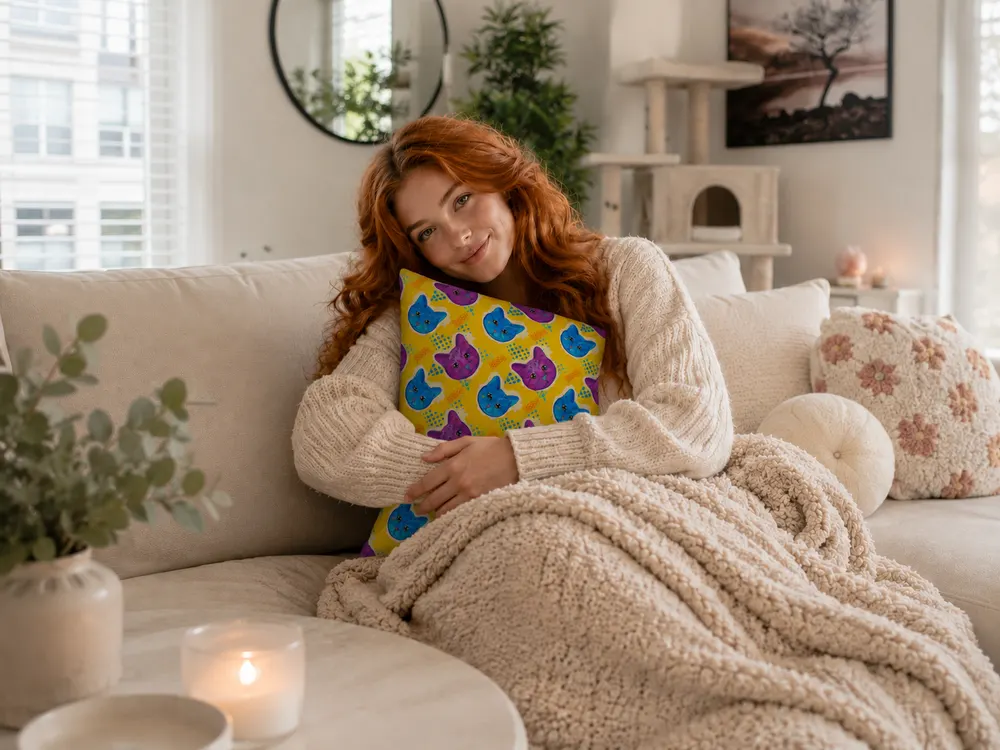 A smiling woman on a couch under a blanket, hugging a yellow pillow with colorful cat faces