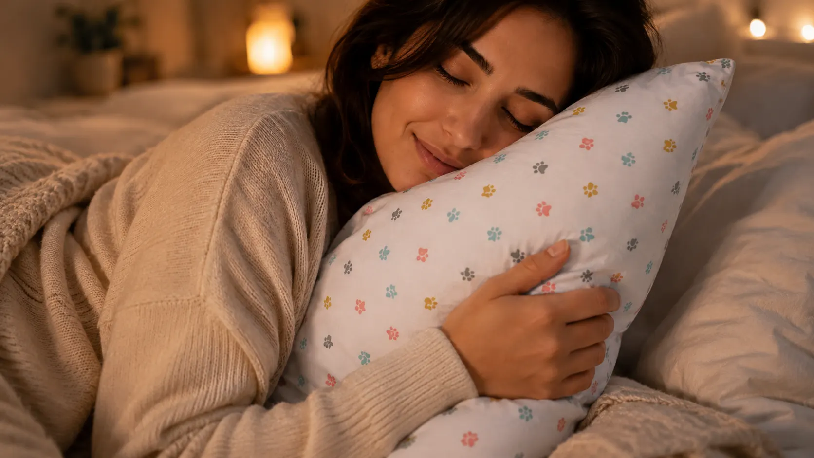 A woman smiling with her eyes closed, hugging a white pillow covered in pastel paw prints