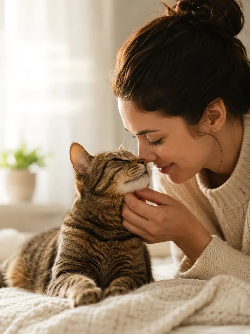 A woman touching noses with a relaxed tabby cat