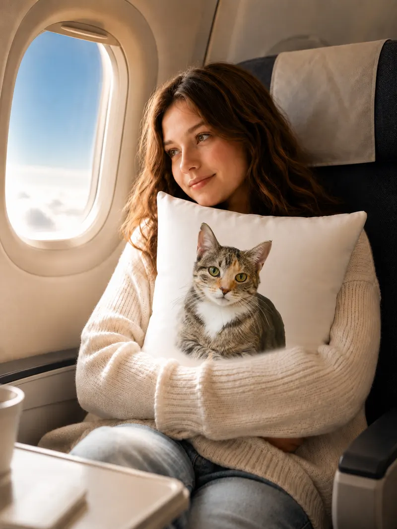 A woman in an airplane window seat, hugging a pillow printed with her cat’s photo