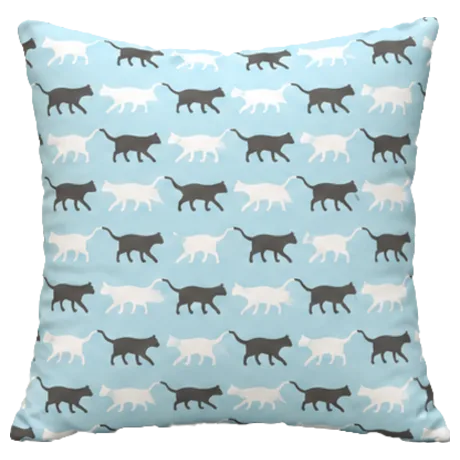 Light blue pillow with rows of walking black and white cat silhouettes